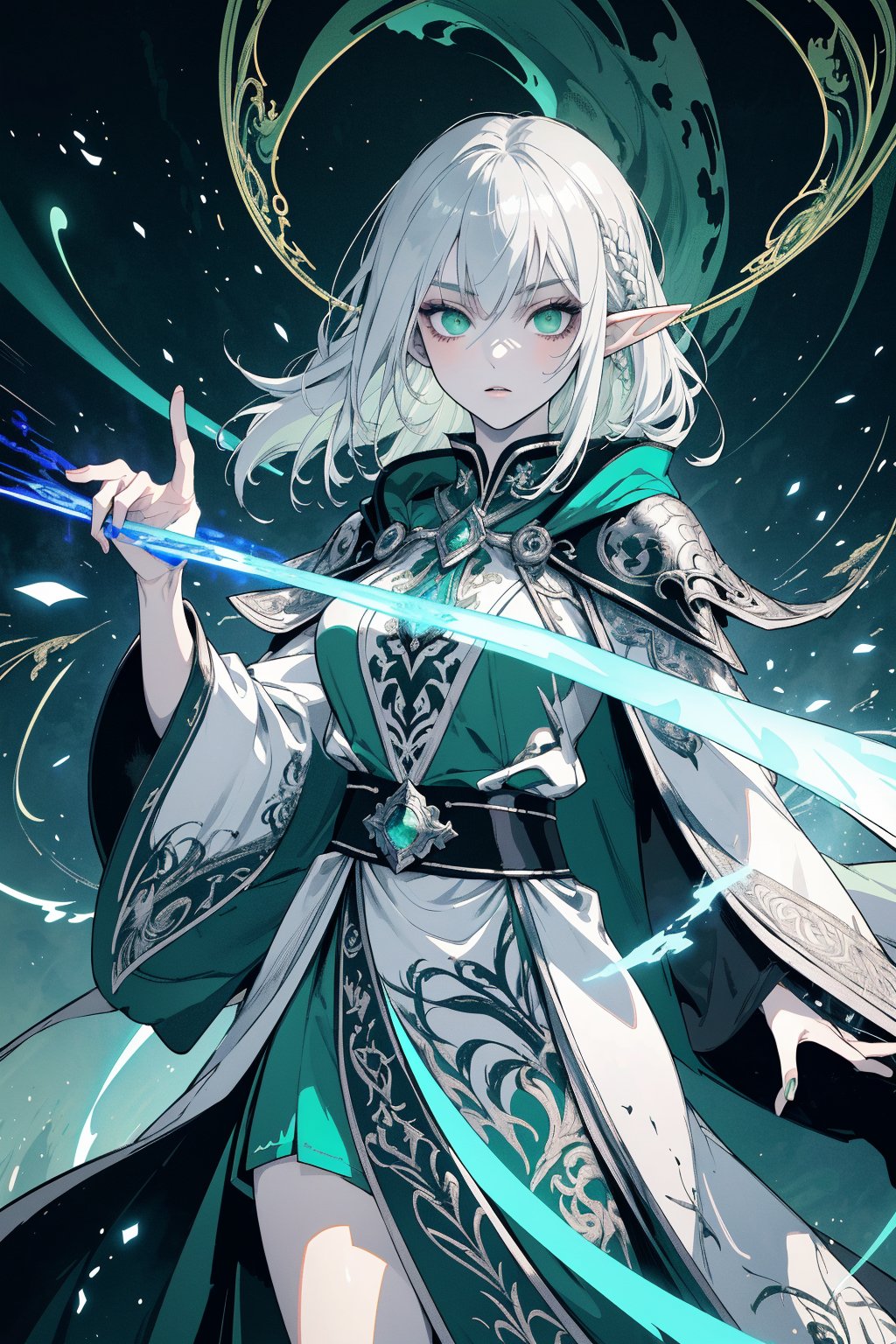 elf female, (best quality, masterpiece, ultra quality), 20 years old, slender build, silver hair, green eyes, (mage robes), (dynamic pose), (dynamic angle), (dynamic light), (fantasy background), (intricate details), (highly detailed), (UHD), (line art), (background detailed), (digital art), (intricate line drawings), (aura of mystery), (particles), (ink painting), (outline)

