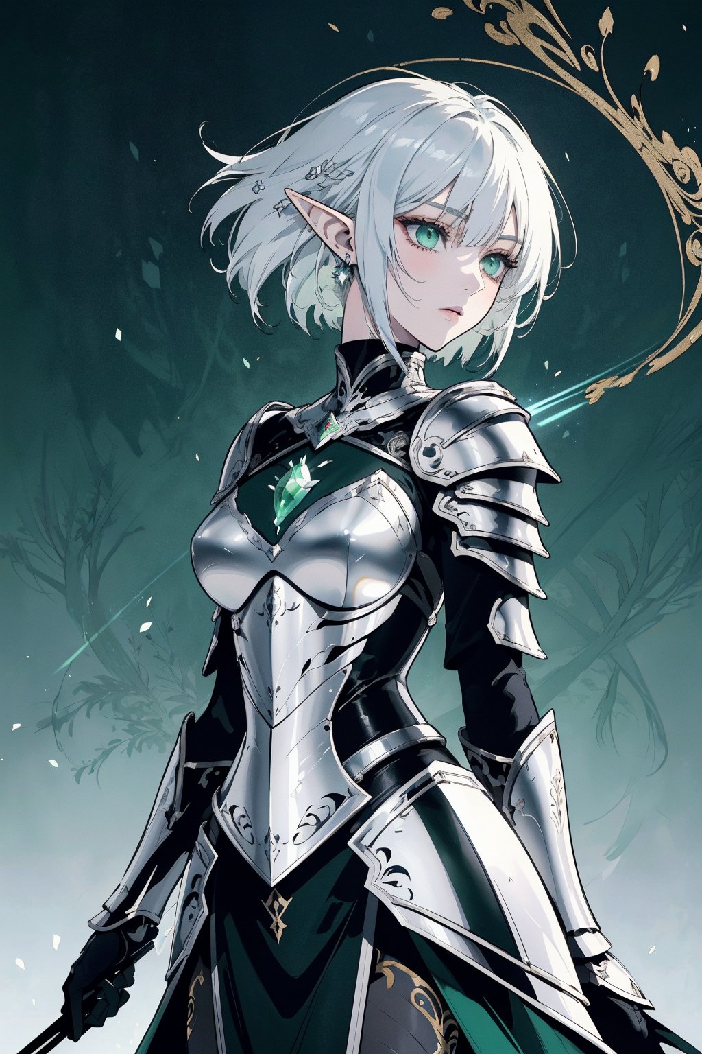 elf female, (best quality, masterpiece, ultra quality), 20 years old, slender build, silver hair, green eyes, (paladin armor), (dynamic pose), (dynamic angle), (dynamic light), (fantasy background), (intricate details), (highly detailed), (UHD), (line art), (background detailed), (digital art), (intricate line drawings), (aura of nobility), (particles), (ink painting), (outline)