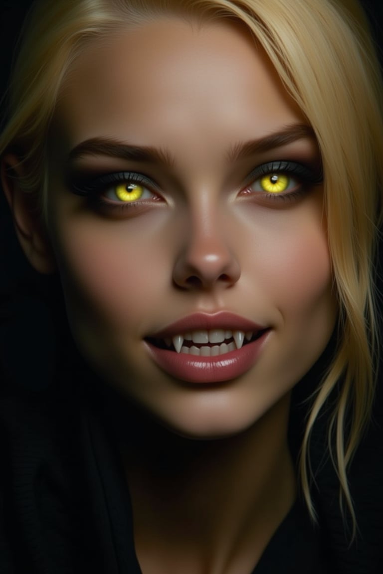 A close-up portrait of a blonde mesmerizing vampire queen, glowing crystal yellow eyes, face lit by subtle, warm highlights and soft shadows. Her sharp fangs glint against her hypnotic smile, exuding sensual allure as she gazes directly at the viewer. The camera frames her face with precision, emphasizing every detail. Against a dark background, her radiant yet haunting eyes draw in the viewer, while her enigmatic expression hints at secrets hidden beneath her captivating beauty.,FANGS