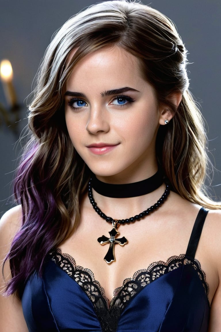 Goth girl, 1girl, solo, long hair, looking at viewer, black hair, black lace top, jewelry, blue hair sheen, shiny hair, choker, multicolored eyes, grey background, cross necklace, (hair over one eye), two-tone hair, black clothes with lace trim, Expressive, concept art, detailed background, cute Face, cute Smile, beautiful girl, young girl, realistic model, sexy body, hot body, beautiful face, sexy girl, Emma Watson, full body,