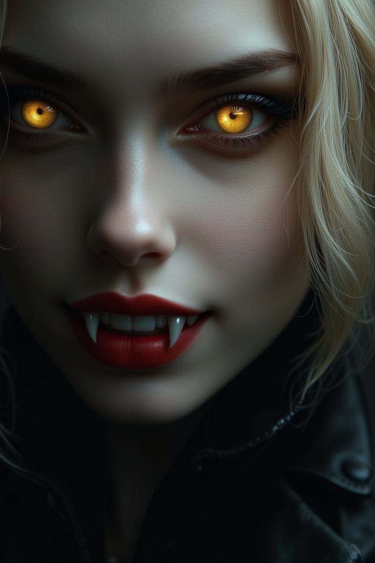 A close-up portrait of a blonde beautiful mesmerizing vampire queen, glowing crystal yellow eyes, face lit by subtle, cold highlights and soft shadows. Her sharp fangs glint against her hypnotic smile, exuding sensual allure as she gazes directly at the viewer. The camera frames her face with precision, emphasizing every detail. Against a dark background, her radiant yet haunting eyes draw in the viewer, while her enigmatic expression hints at secrets hidden beneath her captivating beauty.,FANGS