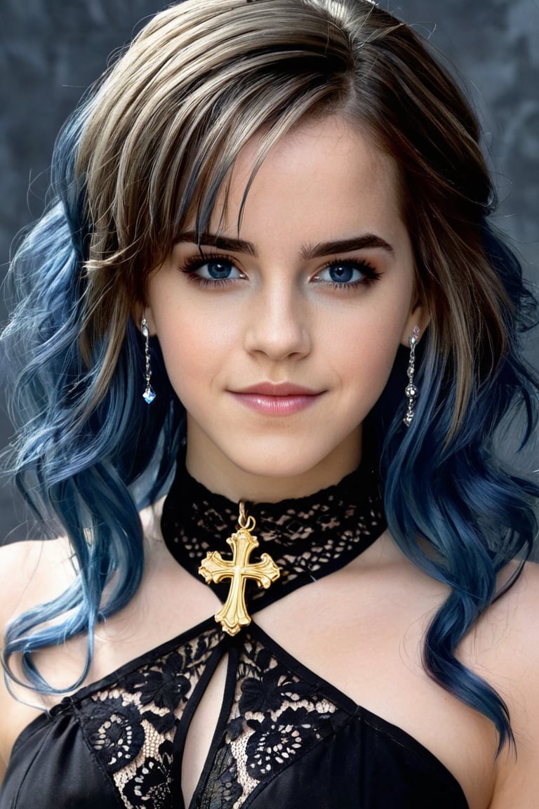 Goth girl, 1girl, solo, long hair, looking at viewer, black hair, black lace top, jewelry, blue hair sheen, shiny hair, choker, multicolored eyes, grey background, cross necklace, (hair over one eye), two-tone hair, black clothes with lace trim, black lips, Expressive, concept art, detailed background, cute Face, cute Smile, beautiful girl, young girl, realistic model, sexy body, hot body, beautiful face, sexy girl, Emma Watson, full body,