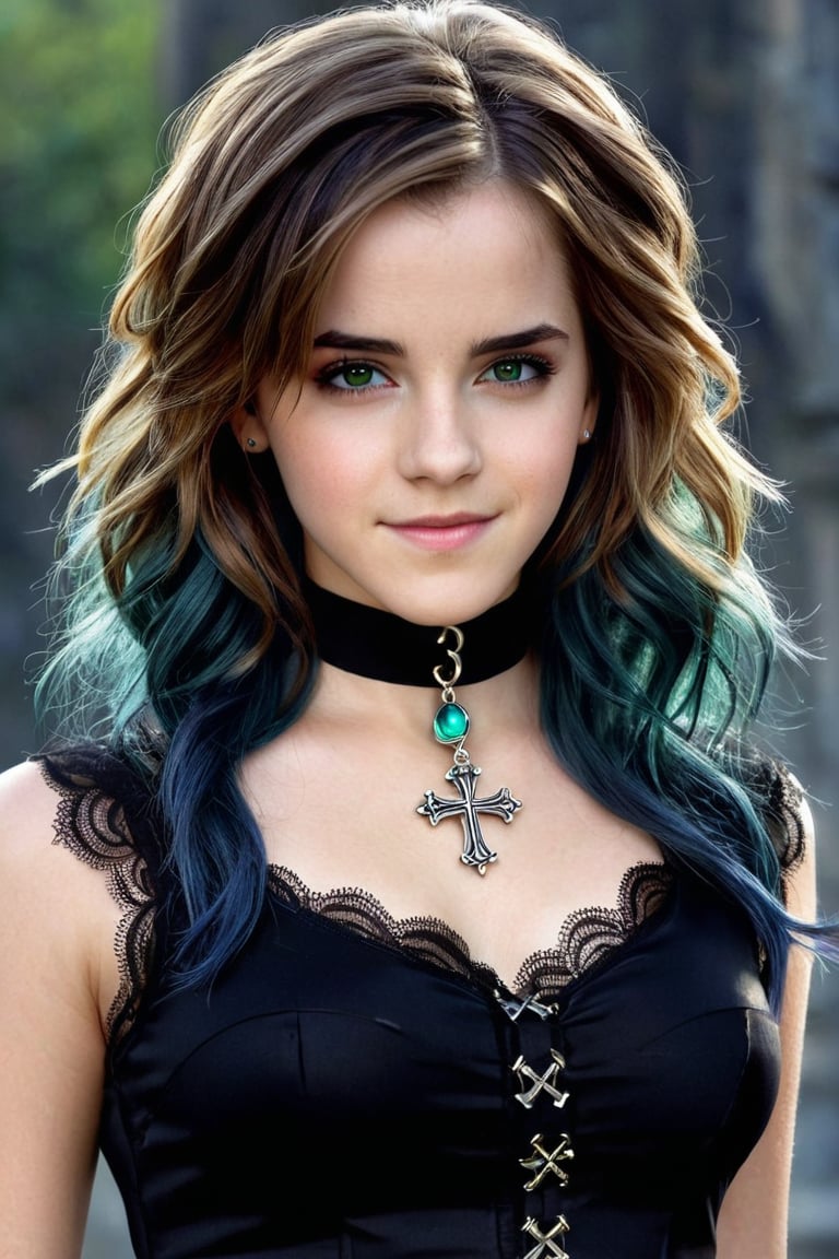 Goth girl, 1girl, solo, long hair, looking at viewer, black hair, black lace top, jewelry, blue hair sheen, shiny hair, choker, green eyes, grey background, cross necklace, (hair over one eye), two-tone hair, inverted cross, black clothes with lace trim, Expressive, concept art, detailed background, cute Face, cute Smile, beautiful girl, young girl, realistic model, sexy body, hot body, beautiful face, sexy girl, Emma Watson, full body,