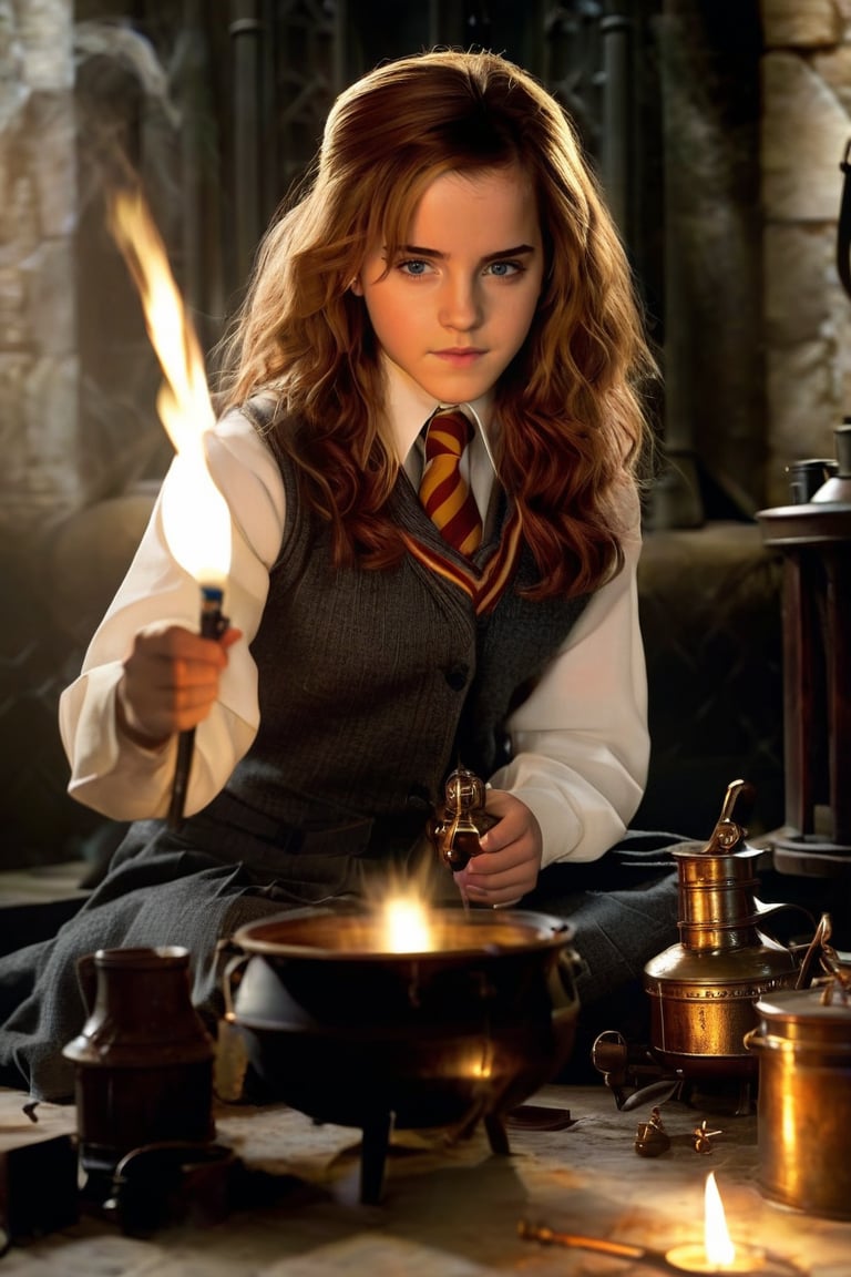 Hermione Granger (Emma Watson), hogwarts school uniform, mixing potions, copper pot, brew, brewing, potion, potions, sitting, sitting on the ground, holding potions, dim light, volumetric lighting, hyper realistic, intricate background, looking at viewer, perfectly detailed eyes, 