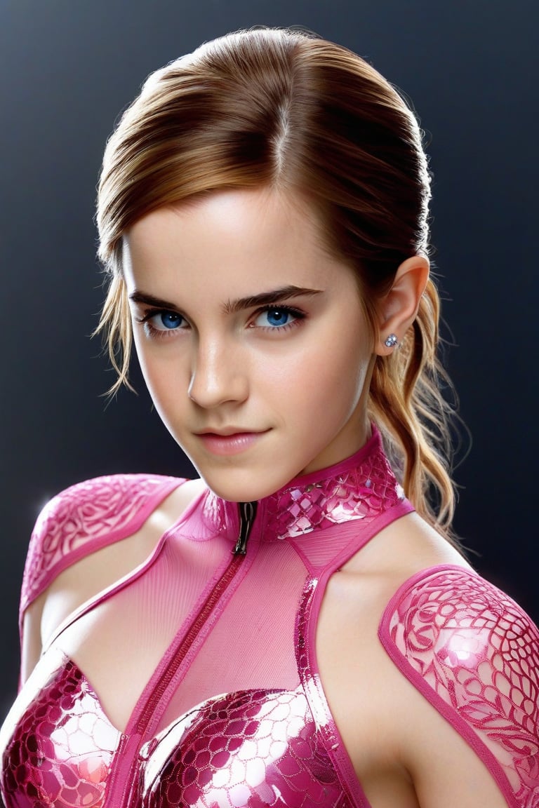 Craft a hyper realistic vertical upper body photo of the most attractive stunning young girl (Emma Watson at the age of 14), blue eyes, red hair, fitting pink nanofiber suit, intricate design, intricate bodysuit, transparent parts, perfectly detailed eyes, intricate beauty with make-up, sparkling, reflections, (translucent), sexy, elegant, sporty, simple background, dim light, volumetric lighting, hyper realistic, blurry foreground, blurry background, (bloodborne:1.1),