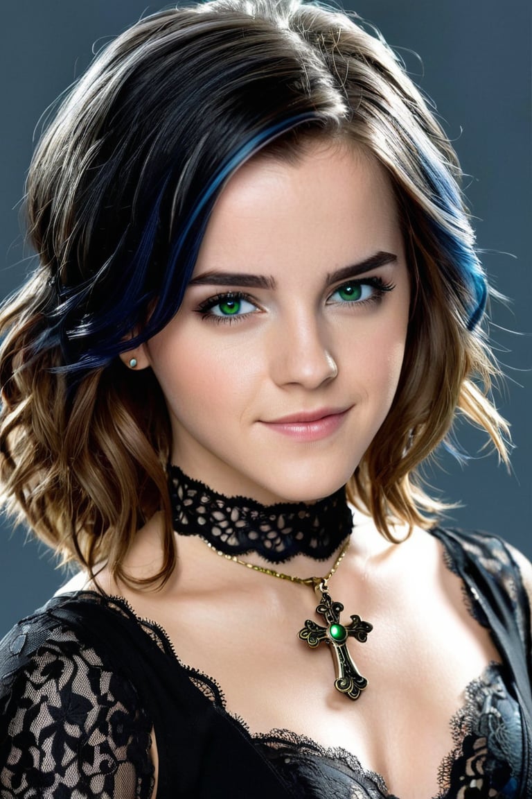 Goth girl, 1girl, solo, long hair, looking at viewer, black hair, black lace top, jewelry, blue hair sheen, shiny hair, choker, green eye left, blue eye right, grey background, cross necklace, (hair over one eye), two-tone hair, black clothes with lace trim, Expressive, concept art, detailed background, cute Face, cute Smile, beautiful girl, young girl, realistic model, sexy body, hot body, beautiful face, sexy girl, Emma Watson, full body,