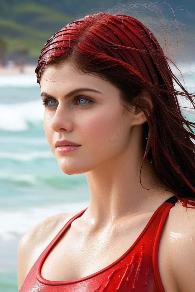 1girl, solo, Alexandra Daddario, slim, athletic, coming out of the ocean, wet, wet body, wet swimsuit, (red), wet hair, perfectly detailed eyes