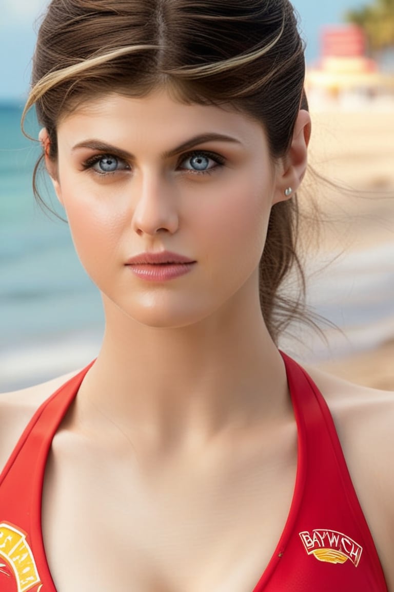 Craft a hyper realistic vertical full body photo of the most attractive stunning young girl (Alexandra Daddario), baywatch swimsuit, perfectly intricate detailed eyes, make-up, intricate beauty, simple background, dim light, volumetric lighting, hyper realistic, blurry foreground, blurry background, detailed face, detailed eyes