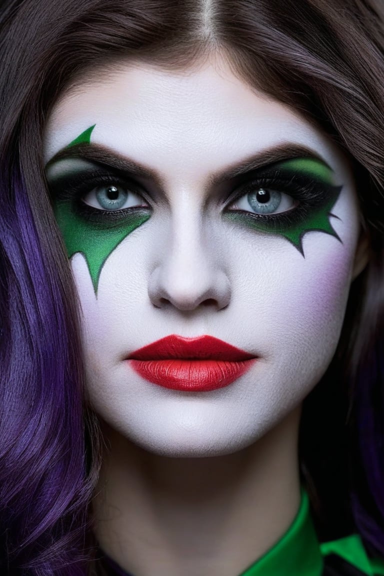 1girl, solo, Alexandra Daddario, cosplaying as female Joker (from Batman's Movie), detailed face, detailed eyes, matching cosplay make-up