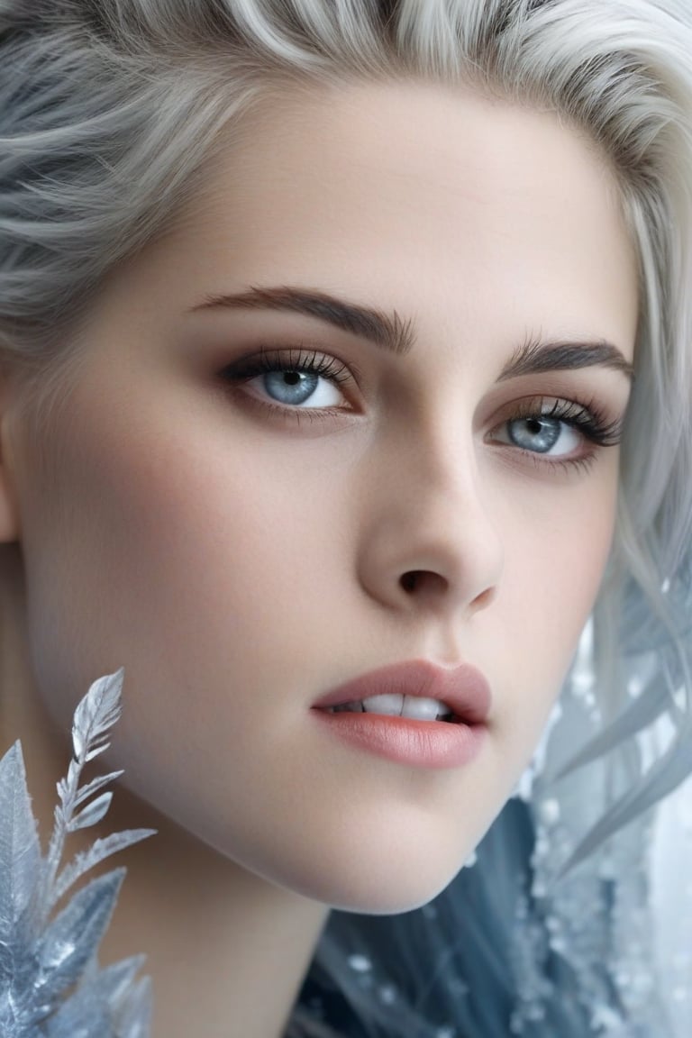 In this hyperrealistic close-up shot, Kristen Stewart's youthful face, with white hair and blue-gray hues, is mesmerizing as she draws herself on a heavily frosted mirror. Her finger etches intricate patterns into the thick layer of ice, creating a super impressive, marine-painting-like effect. The alternating lighting casts a dramatic contrast between the frosted and cleared areas, highlighting the crystalline ice formations, delicate feathers, and swirls that cover the mirror's surface. Visible ice crystals add to the frozen ambiance, while an ethereal glow emanates from light refracting through the ice, amplifying the magical quality of this surreal scene.