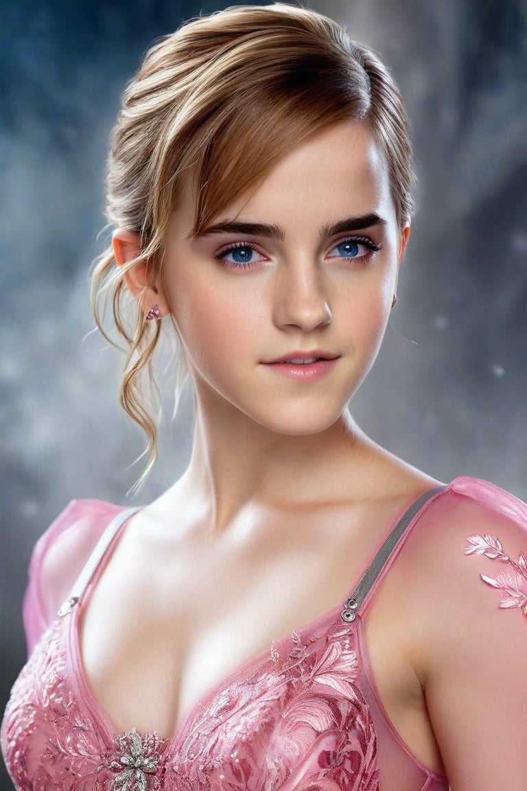 Craft a hyper realistic vertical upper body photo of the most attractive stunning young girl (Emma Watson at the age of 14), blue eyes, red hair, fitting pink nanofiber suit, intricate design, intricate bodysuit, transparent parts, perfectly detailed eyes, intricate beauty with make-up, sparkling, reflections, (translucent), sexy, elegant, sporty, simple background, dim light, volumetric lighting, hyper realistic, blurry foreground, blurry background, (bloodborne:1.1),