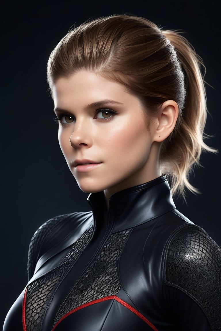 Craft a hyper realistic vertical full body photo of the most attractive stunning young girl (Kate Mara at the age of 16), fitting black nanofiber suit, intricate glowing neon red design, intricate bodysuit, transparent parts, perfectly detailed eyes, make-up, intricate beauty, sparkling, reflections, (translucent), sporty, simple background, dim light, volumetric lighting, hyper realistic, blurry foreground, blurry background, (bloodborne:1.1),