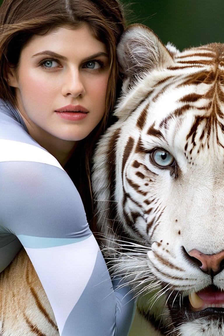 1girl, Alexandra Daddario, slim, athletic, tight-fitting clothing, riding a white tiger, detailed eyes