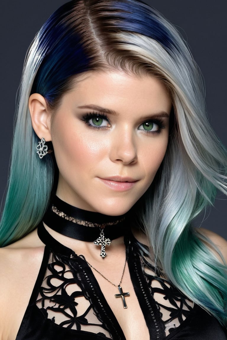 Goth girl, 1girl, solo, long hair, looking at viewer, black hair, black lace top, jewelry, blue hair sheen, shiny hair, choker, green eyes, grey background, cross necklace, (hair over one eye), two-tone hair, black clothes with lace trim, Expressive, concept art, detailed background, cute Face, cute Smile, beautiful girl, young girl, realistic model, sexy body, hot body, beautiful face, sexy girl, Kate Mara, young, full body,