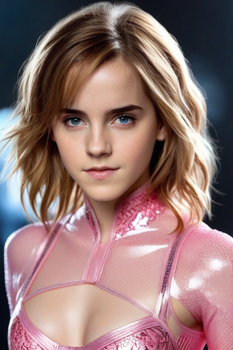 Craft a hyper realistic vertical upper body photo of the most attractive stunning young girl (Emma Watson at the age of 14), blue eyes, red hair, fitting pink nanofiber suit, intricate design, intricate bodysuit, transparent parts, perfectly detailed eyes, intricate beauty with make-up, sparkling, reflections, (translucent), sexy, elegant, sporty, simple background, dim light, volumetric lighting, hyper realistic, blurry foreground, blurry background, (bloodborne:1.1),