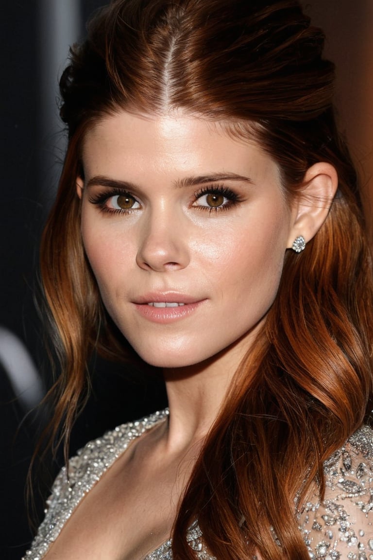 Create a hyper realistic potrait, 1girl, Kate Mara, young, at the age of 14, masterpiece, best quality, 1girl, intricate design, detailed face, detailed eyes, perfect make-up, cinematic lights, dim lights,