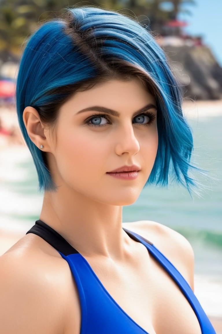 1girl, solo, Alexandra Daddario, short azure blue hair, slim, athletic, tanning at the beach, red swimsuit, perfectly detailed eyes