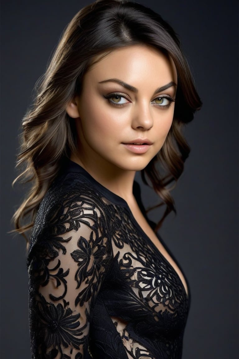 Craft a hyper realistic vertical full body photo of the most attractive stunning young girl (Mila Kunis), fitting black nanofiber suit, intricate detailes, intricate bodysuit, perfectly detailed eyes, make-up, intricate beauty, simple background, dim light, volumetric lighting, blurry foreground, blurry background