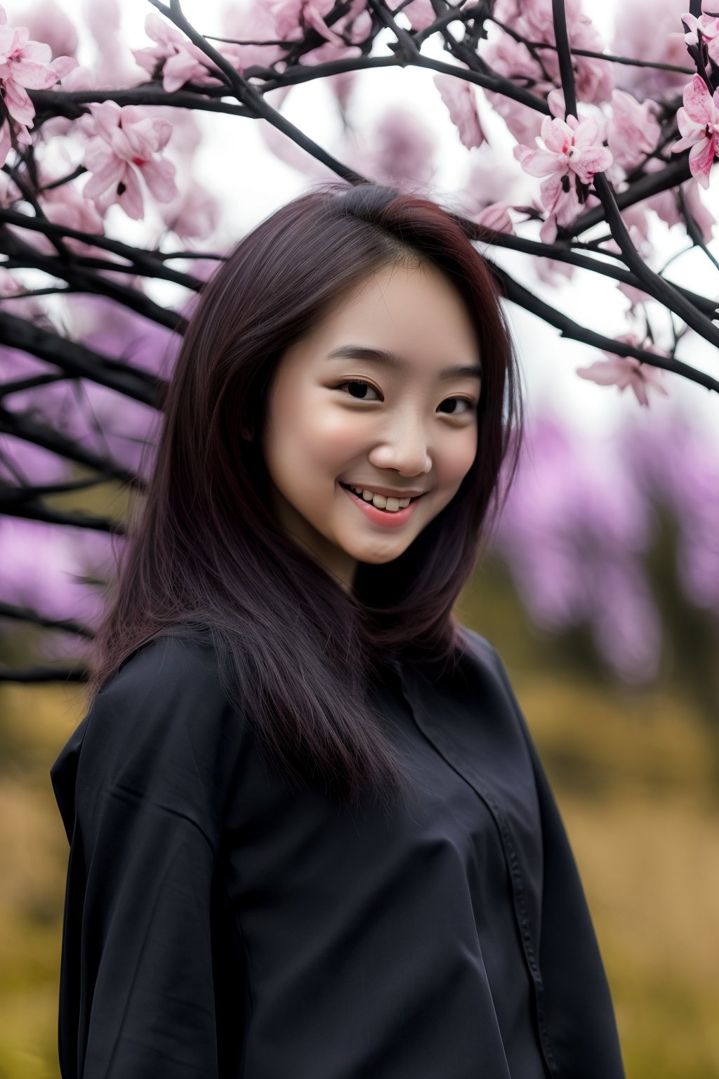 A stunning young Korean girl stands confidently in a serene UHD landscape, her beauty radiating from within. In an 8K frame, she proudly showcases her upper body, adorned in a crisp black school uniform, against the vibrant backdrop of a sakura tree in full bloom. Her bright smile and captivating eyes, framed by luscious black hair, invite the viewer to step into this breathtaking scene. 