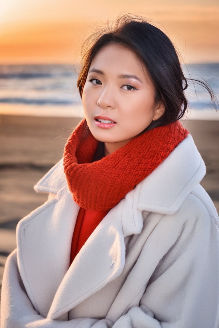 8K, 超High resolution, highest quality, masterpiece, Surreal, photograph,Three-part method, 1 girl, (16 years old:1.3), pretty girl, Cute face, Beautiful eyes in every detail,Japan Female Announcer,(wearing a long winter coat and scarf、Close-up of thin black two-sided updo:1.5)、(The girl turns around with a very sad look on her face, Her hair fluttering in the wind on the winter beach:1.5)、(Blurred Background:1.5)、(red sky at sunset:1.5)、(Perfect Anatomy:1.5)、(Complete Hand:1.3)、(Full Finger:1.3)、Photorealistic、Photograph、Tabletop、highest quality、High resolution、Delicate and beautiful、Perfect Face、Beautiful fine details、Fair skin、Real human skin、((Thin legs))、Bold Pose,super cute super model、Please look closely at the camera 、Vivid details、detailed、Surreal、Light and shadow,Strong light,Fashion magazine cover,Thin lips,gh3a, ZeeJKT48