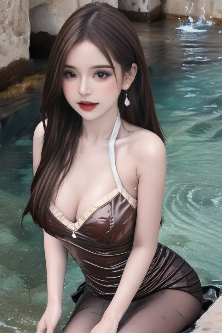 1girl, solo, long brown hair, breasts, looking at viewer, black hair, dress, bare shoulders, jewelry, medium breasts, upper body, earrings, parted lips, detached sleeves, water, black eyes,  sexy lips, sideboob, facial mark, forehead mark, realistic,bust_shot,shiny leg black pantyhse,ahegao_face,