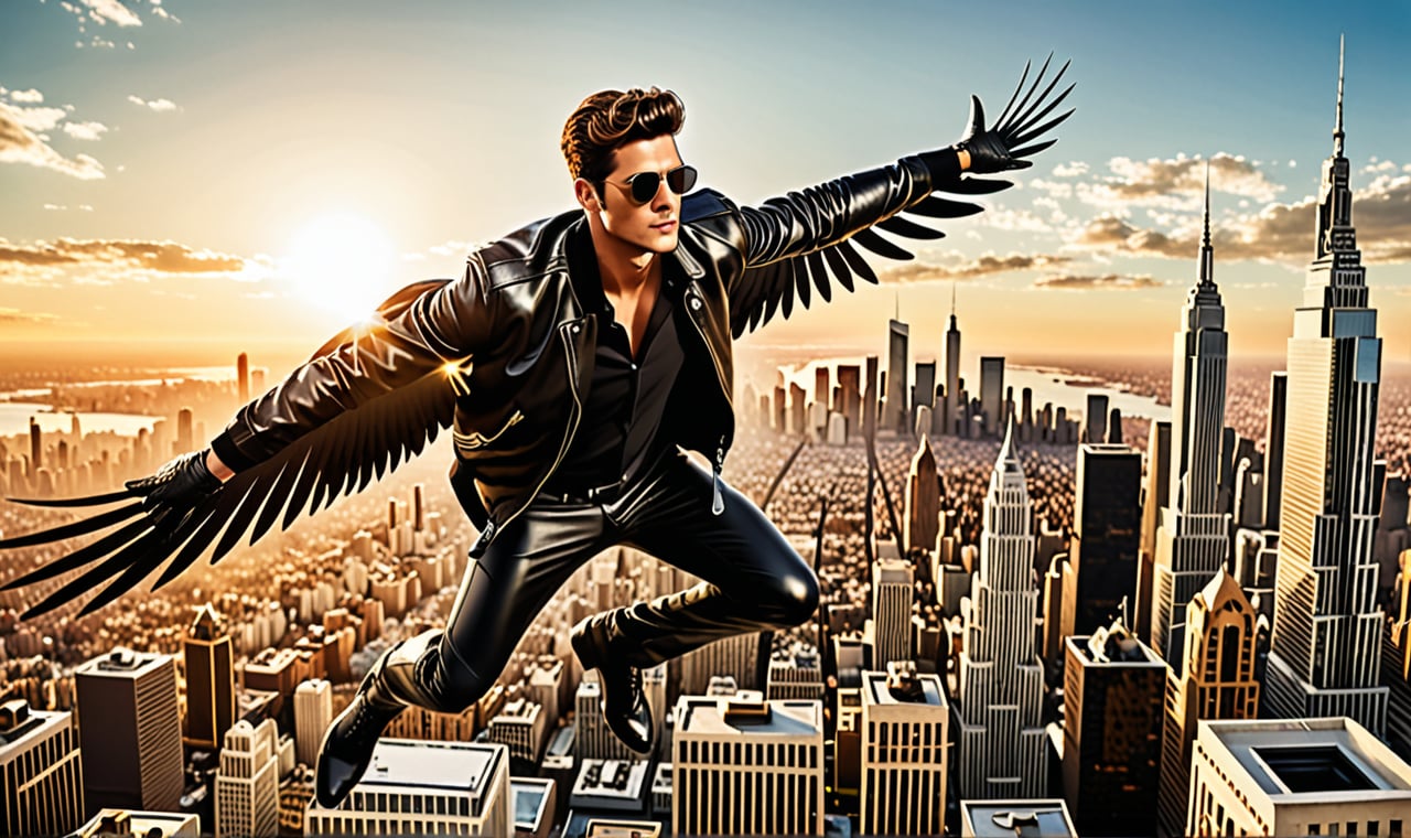 A bird's-eye view of a metropolitan skyline unfolds as a suave individual, clad in a supple black leather jacket and sleek aviator sunglasses, defies gravity with majestic wings spread wide. The cityscape stretches out before him, a tapestry of towering skyscrapers and bustling streets. Sunlight casts a warm glow on the scene, highlighting the protagonist's daring pose as he soars above the urban landscape.