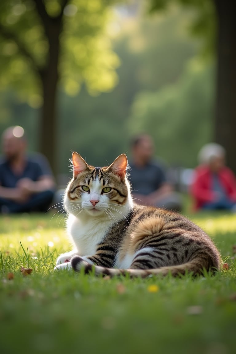 Cat is sleeping in the park and other people are watching it