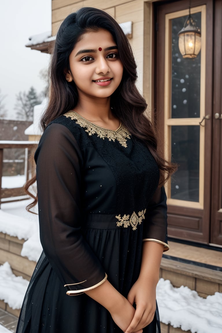 lovely  cute  young  attractive  indian  teenage  girl  in  shalwaar kameez dress,  20  years  old  ,  cute  ,  an  Instagram  model  ,  long  blonde_hair  ,  winter  ,  with house,  . ,black dress,  „  Indian 