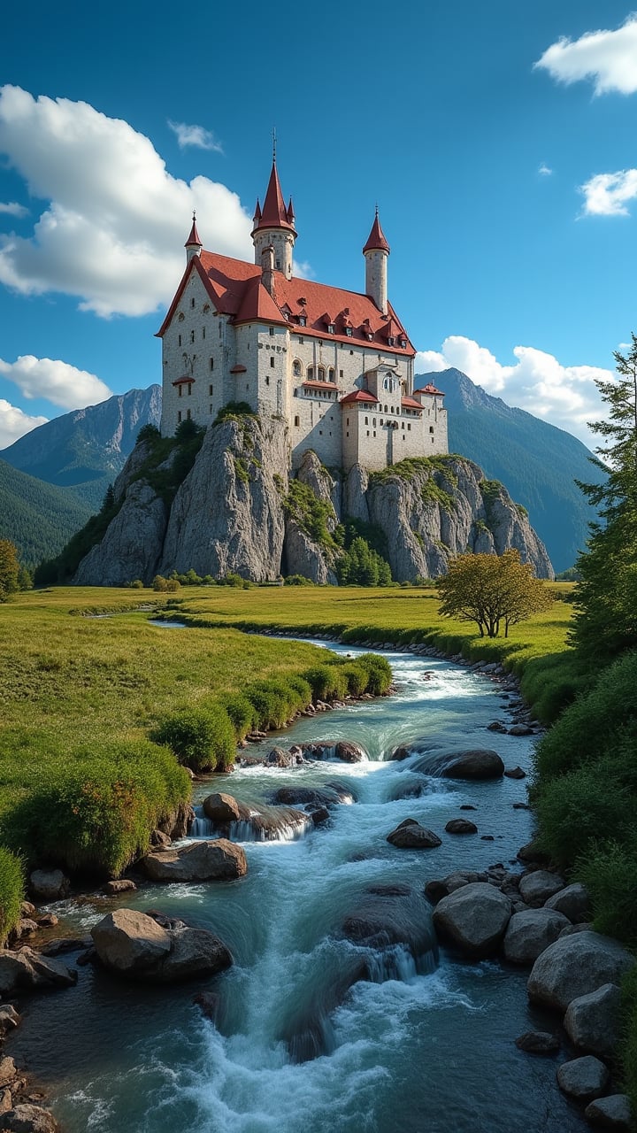 Captured at eye-level on a vibrant day, a majestic castle stands atop a mountain, adorned with a red roof. The castle is situated on a rocky cliff, adding a touch of nature to the scene. To the right of the castle, a stream of water is flowing, creating a peaceful and serene landscape. The sky is a deep blue, dotted with a few white fluffy clouds, adding depth to the composition.