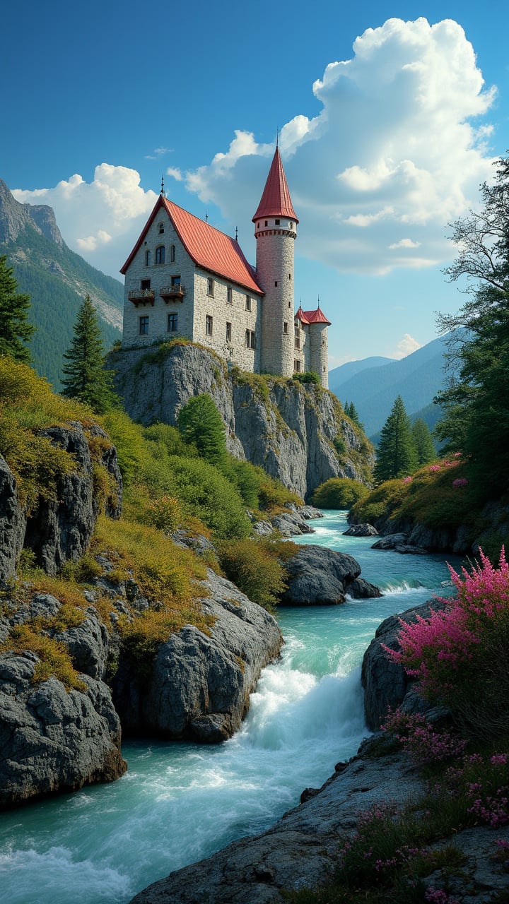 Captured at eye-level on a vibrant day, a majestic castle stands atop a mountain, adorned with a red roof. The castle is situated on a rocky cliff, adding a touch of nature to the scene. To the right of the castle, a stream of water is flowing, creating a peaceful and serene landscape. The sky is a deep blue, dotted with a few white fluffy clouds, adding depth to the composition.