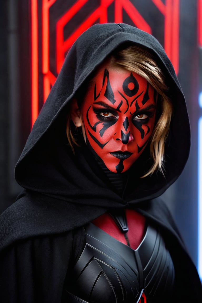 Darth Maul (Sith Lord) cosplay, 1girl, Emma Watson (14 years old), dressed, styled and made up as Darth Maul (Sith Lord)
BREAK
cinematic lights, professional full facial cosplay make-up, detailed eyes, detailed face, detailed hands
BREAK
Background: Inside death star of Star Wars, intricate details