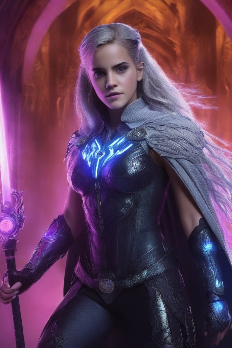 beautiful dark-skinned cyberpunk female (Emma Watson (at the age of 14) with blue eyes), A low-angle shot frames the imposing necromancer, where flashes of purple, yellow, and neon pink pulse with otherworldly energy. Her snow-white hair creased by wrinkles contrasts with gleaming golden jewelry featuring intricate carvings. The powerful woman's majestic form is defined by an intricate nanofiber suit (sexy cyberpunk style). A tattered cape cling to her physique as she holds a long staff writhing with dark energy, LegendDarkFantasy