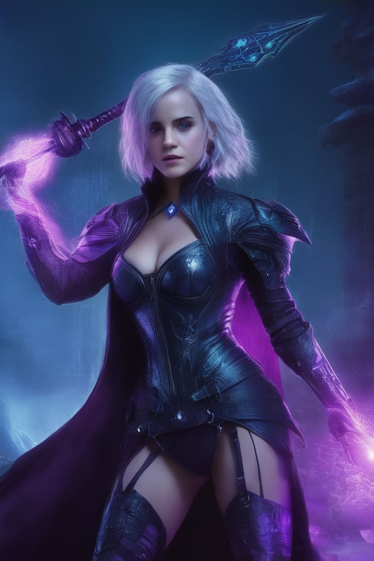 beautiful dark-skinned cyberpunk female (Emma Watson (at the age of 14) with blue eyes), A low-angle shot frames the imposing necromancer, where flashes of purple, yellow, and neon pink pulse with otherworldly energy. Her snow-white hair creased by wrinkles contrasts with gleaming golden jewelry featuring intricate carvings. The powerful woman's majestic form is defined by an intricate nanofiber suit (sexy cyberpunk style). A tattered cape cling to her physique as she holds a long staff writhing with dark energy, LegendDarkFantasy