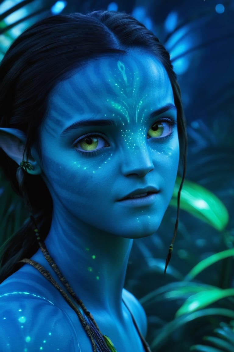 Create a hyper realistic photo of a beautiful young female Na'vi (young Emma Watson (avatar style))
BREAK
cinematic lights, detailed eyes, detailed face, detailed hands
BREAK
Background concept for the movie “Avatar”, bioluminescent forest, alien planet, beautiful landscape, alien plants, at night