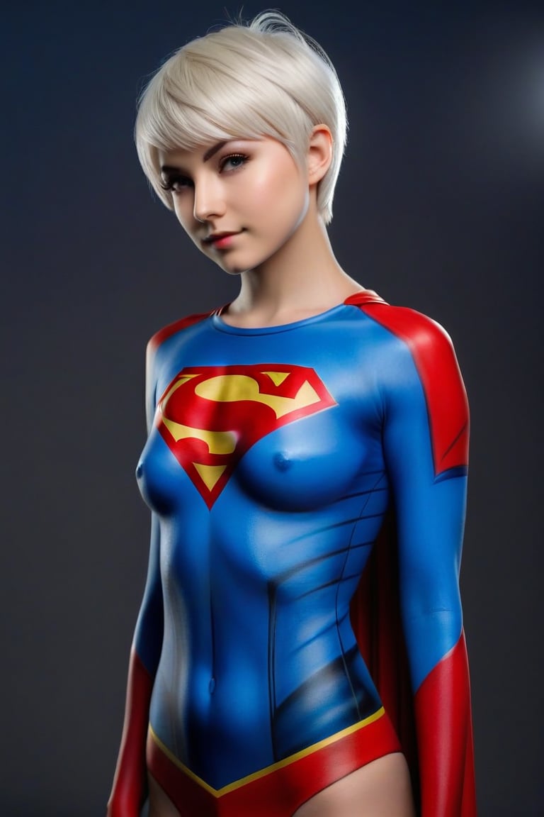 Craft a hyper realistic vertical full body photo of a beautiful slender young girl, platinum blonde hair, soft pixie cut, detailed supergirl cosplay uniformsbodypaint (face and body), extend uniformsbodypaint to face, reflections, (translucent), sporty, simple background, dim light, volumetric lighting, hyper realistic, blurry foreground, blurry background, (bloodborne:1.1),