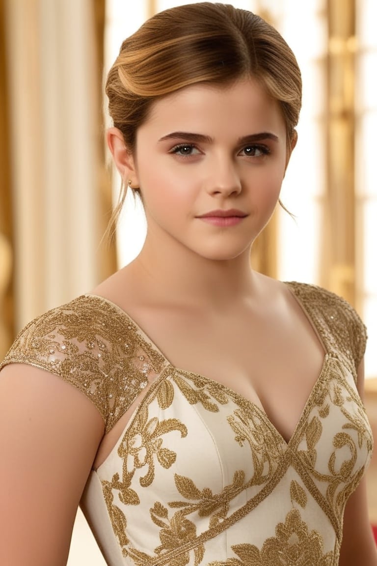 A young girl with the charming features of Emma Watson at 14, poses elegantly in a soft-focused studio setting. Her piercing gaze, reminiscent of Alexandra Daddario's, captures the viewer's attention. The delicate curves and athletic build of Chloë Grace Moretz's physique are showcased against a warm, golden background, as she strikes a confident pose with one hand resting on her hip.