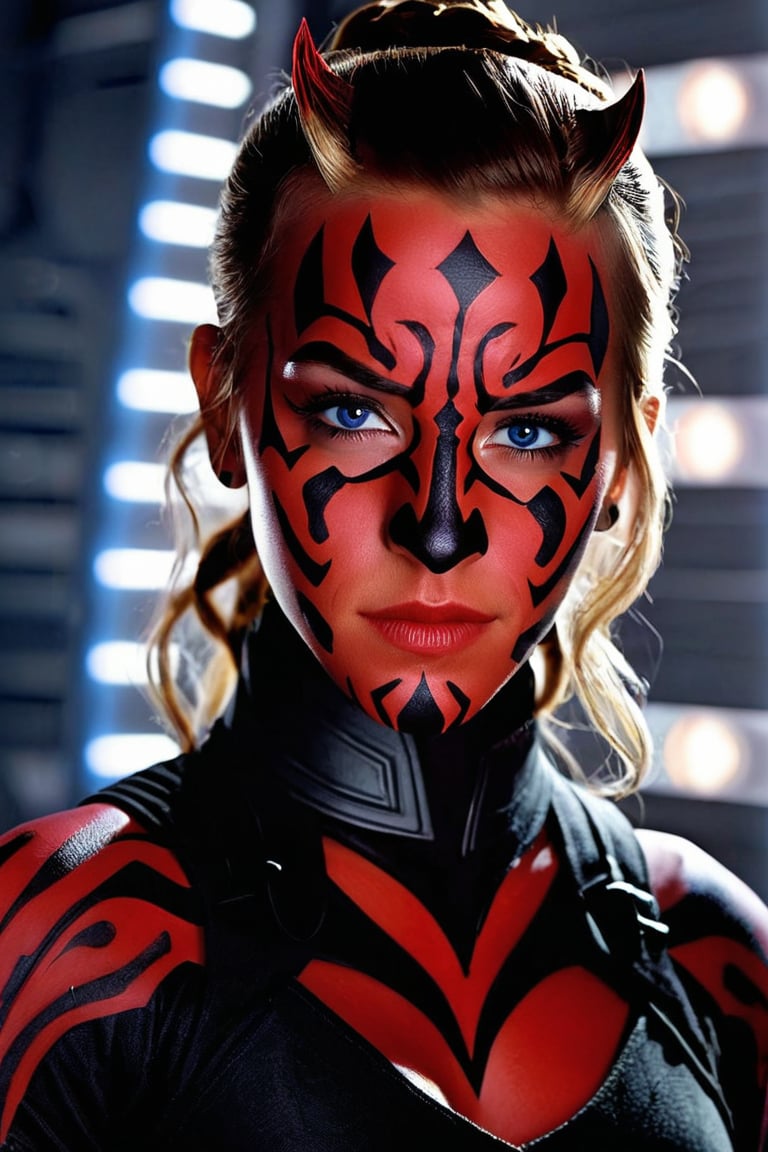 Darth Maul (Sith Lord) cosplay, Emma Watson (14 years old) with blue eyes, dressed, styled and made up as grinning Darth Maul (Sith Lord), tight fitting nanofiber clothes instead of the original ones.
BREAK
cinematic lights, professional full facial cosplay make-up, detailed eyes, detailed face, detailed hands
BREAK
Background: Inside death star of Star Wars, intricate details