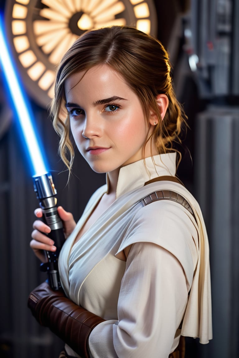 Star Wars cosplay, Emma Watson (14 years old) with blue eyes, dressed, styled and made up as Togruta (Star Wars), 
BREAK
cinematic lights, professional full facial cosplay make-up, detailed eyes, detailed face, detailed hands
BREAK
Background: Inside death star of Star Wars, intricate details