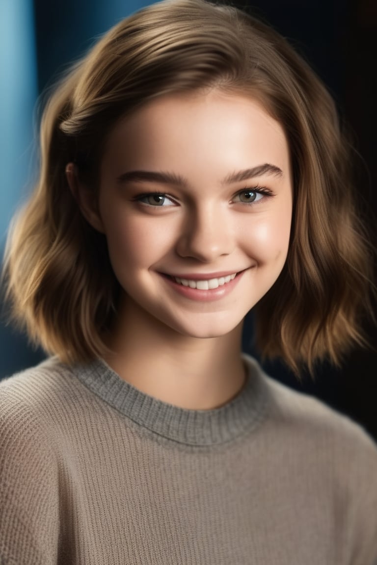 Create a hyper-realistic full-body photo of Emma Myers at the age of 16, brown hair, smile, looking at the viewer, 
cinematic dim lights, detailed eyes, detailed face, blurry background