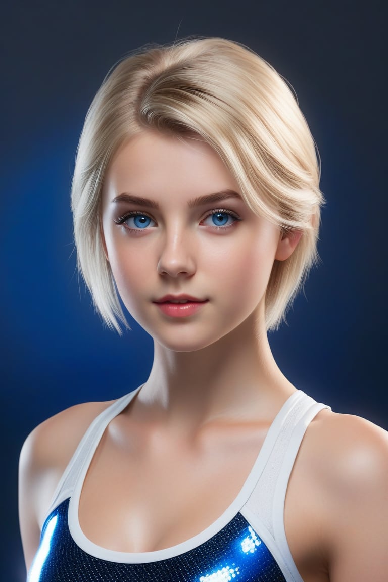 Craft a hyper realistic vertical upper body photo of a girl, 15-year-old, blonde hair, blue eyes, perfectly detailed eyes, make-up, intricate beauty, short hairstyle, white red blue or black fitting leggings and sports bra, sparkling, reflections, (translucent), athletic, simple background, dim light, volumetric lighting, hyper realistic, blurry foreground, blurry background, (bloodborne:1.1),