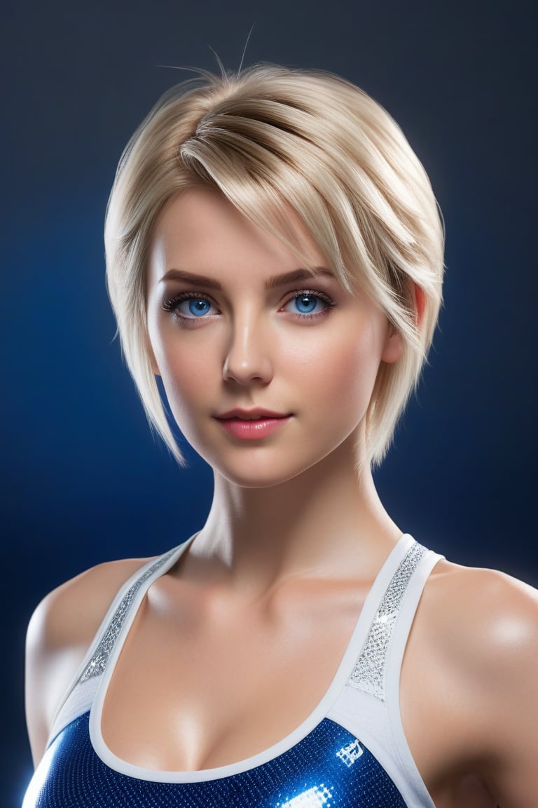 Craft a hyper realistic vertical upper body photo of a girl, 30-year-old, blonde hair, blue eyes, perfectly detailed eyes, make-up, intricate beauty, short hairstyle, white red blue or black fitting leggings and sports bra, sparkling, reflections, (translucent), athletic, simple background, dim light, volumetric lighting, hyper realistic, blurry foreground, blurry background, (bloodborne:1.1),