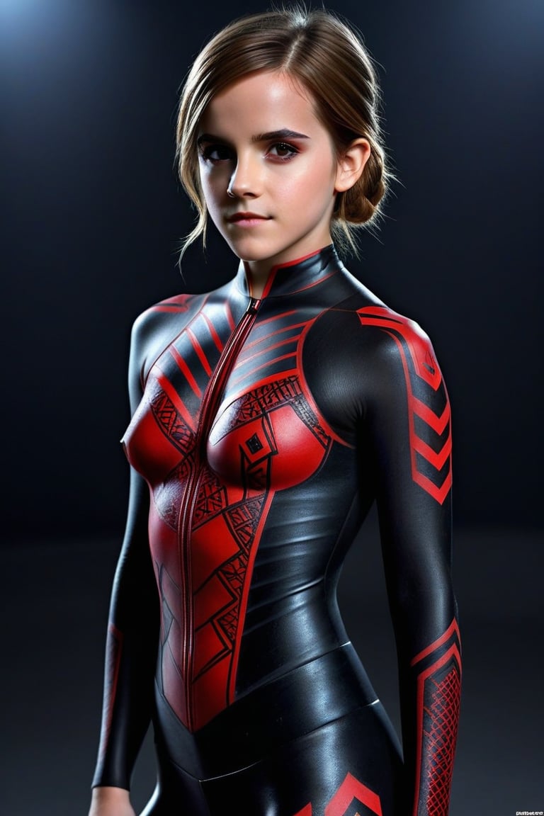 Craft a hyper realistic vertical full body photo of the most attractive stunning young girl (Emma Watson at the age of 16), intricate black and red detailed uniformsbodypaint, perfectly detailed eyes, make-up, intricate beauty, sparkling, reflections, (translucent), sporty, simple background, dim light, volumetric lighting, hyper realistic, blurry foreground, blurry background, (bloodborne:1.1),