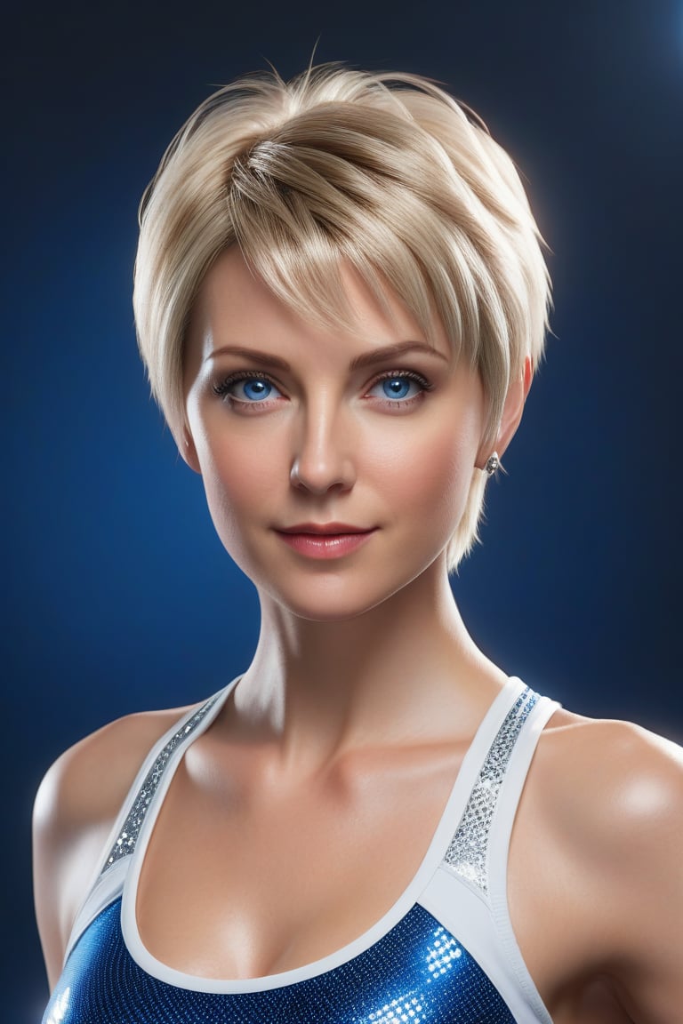 Craft a hyper realistic vertical upper body photo of a girl, 50-year-old, blonde hair, blue eyes, perfectly detailed eyes, make-up, intricate beauty, short hairstyle, white red blue or black fitting leggings and sports bra, sparkling, reflections, (translucent), athletic, simple background, dim light, volumetric lighting, hyper realistic, blurry foreground, blurry background, (bloodborne:1.1),