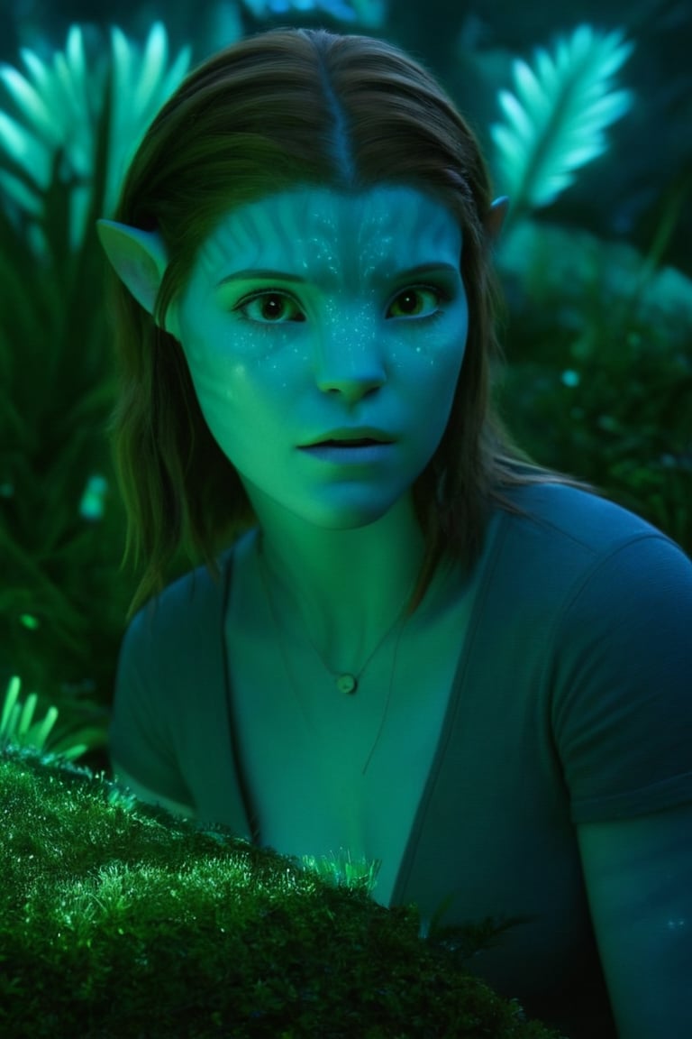 Create a hyper realistic photo of young Kate Mara as Navi Avatar BREAK cinematic lights, detailed eyes, detailed face, detailed hands BREAK Glowing Plants, glowing leaves of trees, at night, green grass, different plants bushes and trees in the background, avatar style