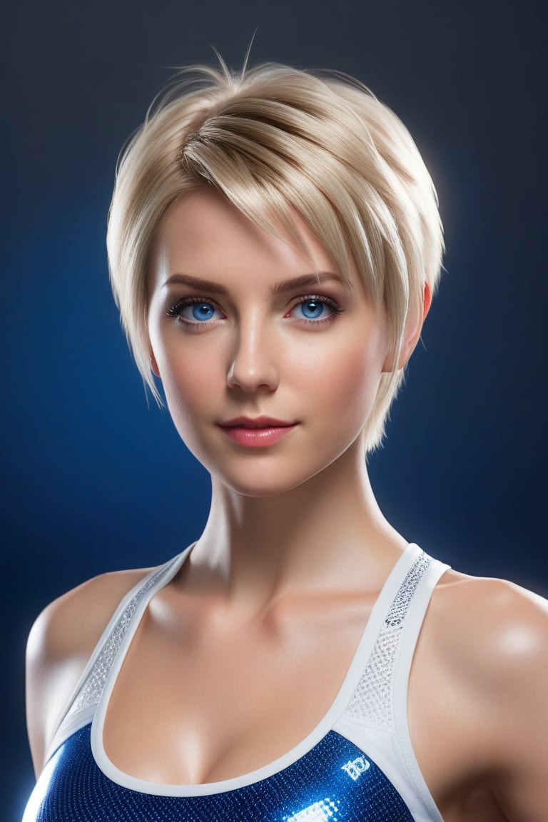 Craft a hyper realistic vertical upper body photo of a girl, 35-year-old, blonde hair, blue eyes, perfectly detailed eyes, make-up, intricate beauty, short hairstyle, white red blue or black fitting leggings and sports bra, sparkling, reflections, (translucent), athletic, simple background, dim light, volumetric lighting, hyper realistic, blurry foreground, blurry background, (bloodborne:1.1),