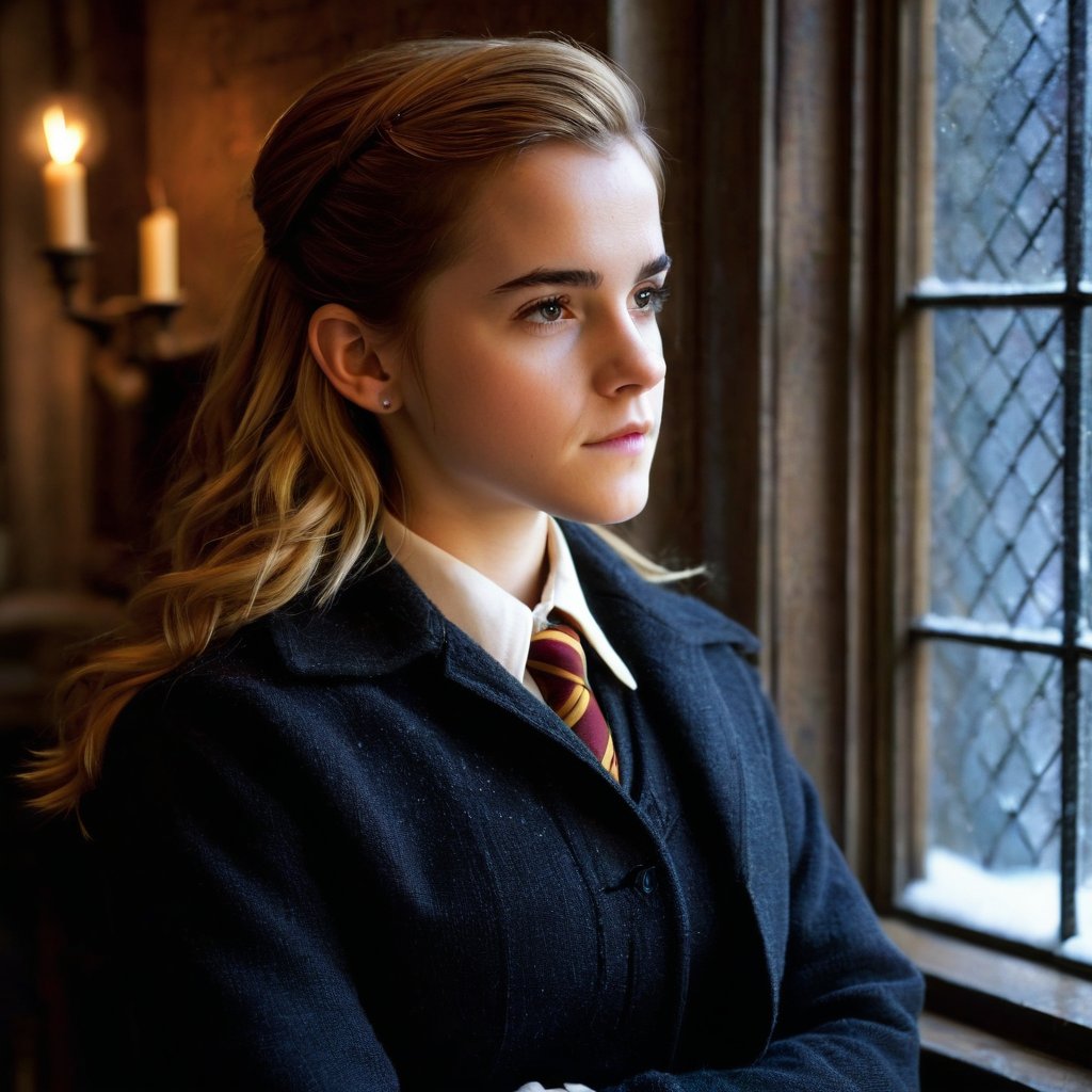 A color photograph of a young woman (Emma Watson, at the age of 14) posing by a window in Hogwarts. Blonde hair softly frames her thoughtful face as she gazes out at a unseen scene, one hand resting gently on the window sill. Outside, snow is falling and streetlights flick on one by one, casting the world in an warm amber glow. An air of quiet reflection and stillness pervades the cozy room, as if capturing a private moment between the end of one day and the beginning of the next.