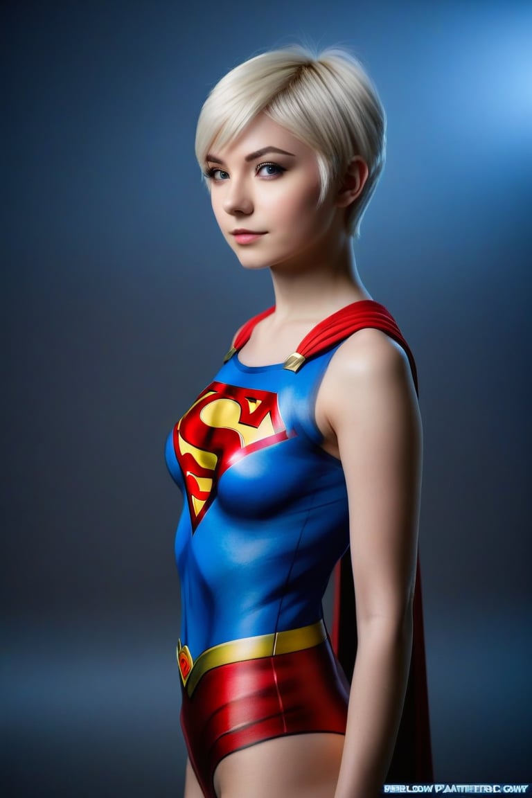 Craft a hyper realistic vertical full body photo of a beautiful slender young girl, platinum blonde hair, soft pixie cut, detailed supergirl cosplay uniformsbodypaint (face and body), extend uniformsbodypaint to face, reflections, (translucent), sporty, simple background, dim light, volumetric lighting, hyper realistic, blurry foreground, blurry background, (bloodborne:1.1),