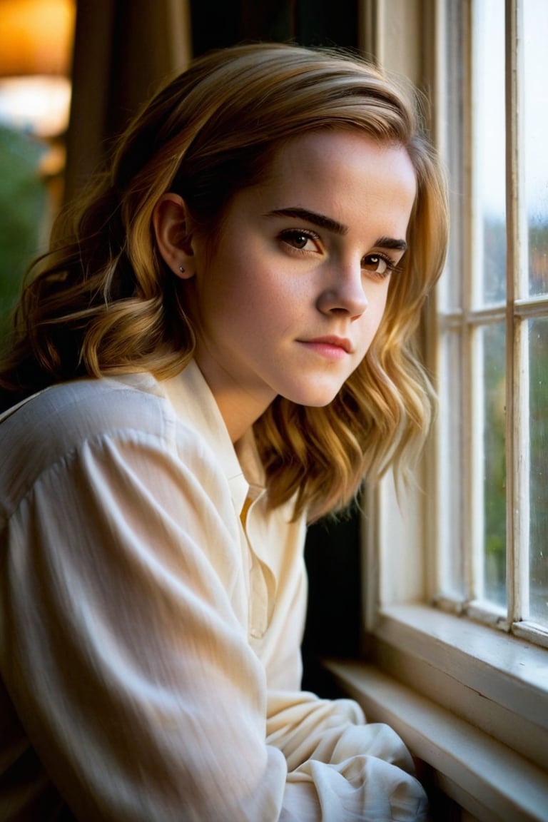 A color photograph of a young woman (Emma Watson, at the age of 14) posing by a window. Blonde hair softly frames her thoughtful face as she gazes out at a unseen scene, one hand resting gently on the window sill. Outside, dusk is falling and streetlights flick on one by one, casting the world in an warm amber glow. An air of quiet reflection and stillness pervades the cozy room, as if capturing a private moment between the end of one day and the beginning of the next.