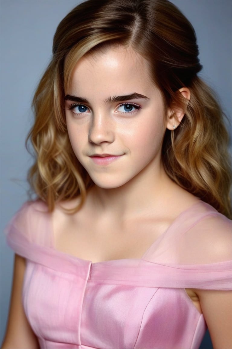 Craft a hyper realistic vertical full body photo of the most attractive stunning young Hermione Granger (Emma Watson at the age of 14), blue eyes, slight smile, pink dress, blurry background, dim light, volumetric lighting, hyper realistic, detailed face, perfectly detailed eyes, 