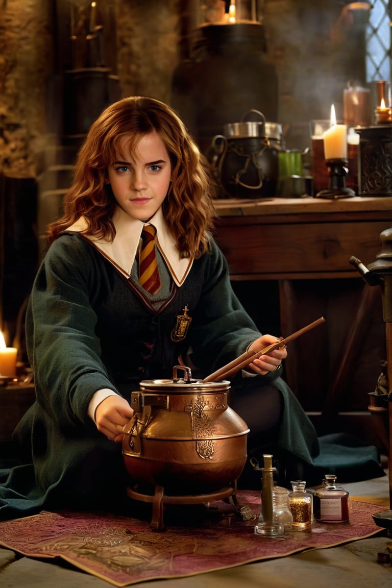 Hermione Granger (Emma Watson), mixing potions, big copper pot, brew, brewing, potion, potions, sitting, sitting on the ground, holding potions, dim light, volumetric lighting, hyper realistic, intricate background, looking at viewer, perfectly detailed eyes, 